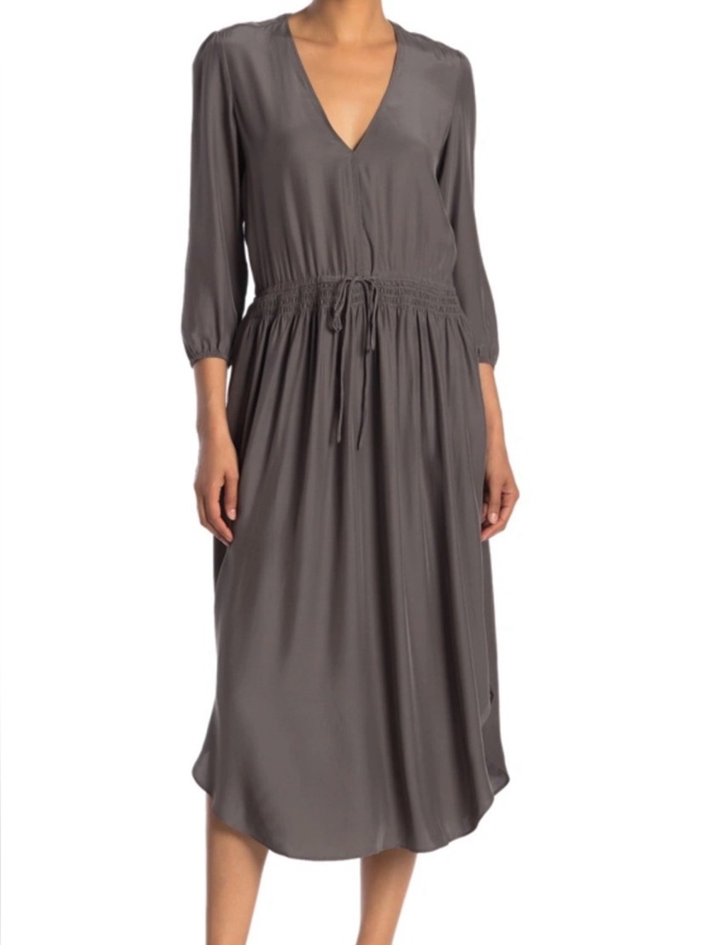 NWT James Perse Shirred 100% Silk Crepe De Chine Midi Dress In navy 1 small